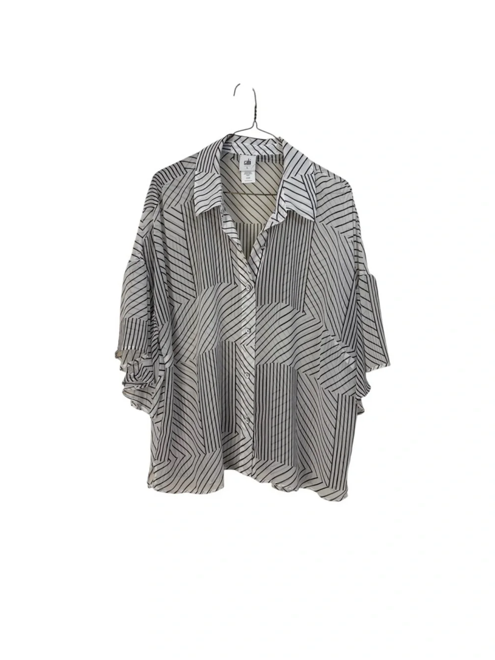 CABi contemporary white black striped button down blouse bell sleeve size large - Picture 4 of 13